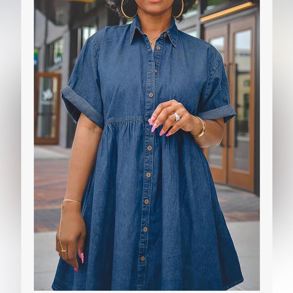 Denim Button-Front Short Sleeve Dress - Blue - Picture 4 of 4